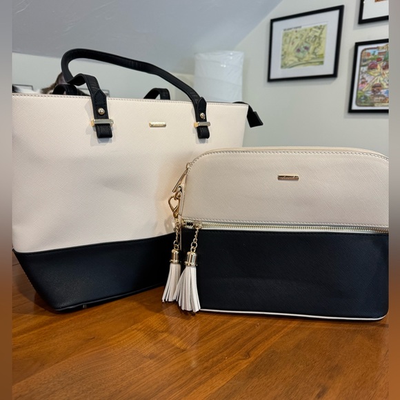 Handbags - Elegant Cream and Black Tote and Crossbody Set